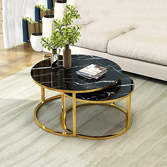 Modern Nesting Coffee Table Marble Look Sofa Side Nest of Tables Round End Tables