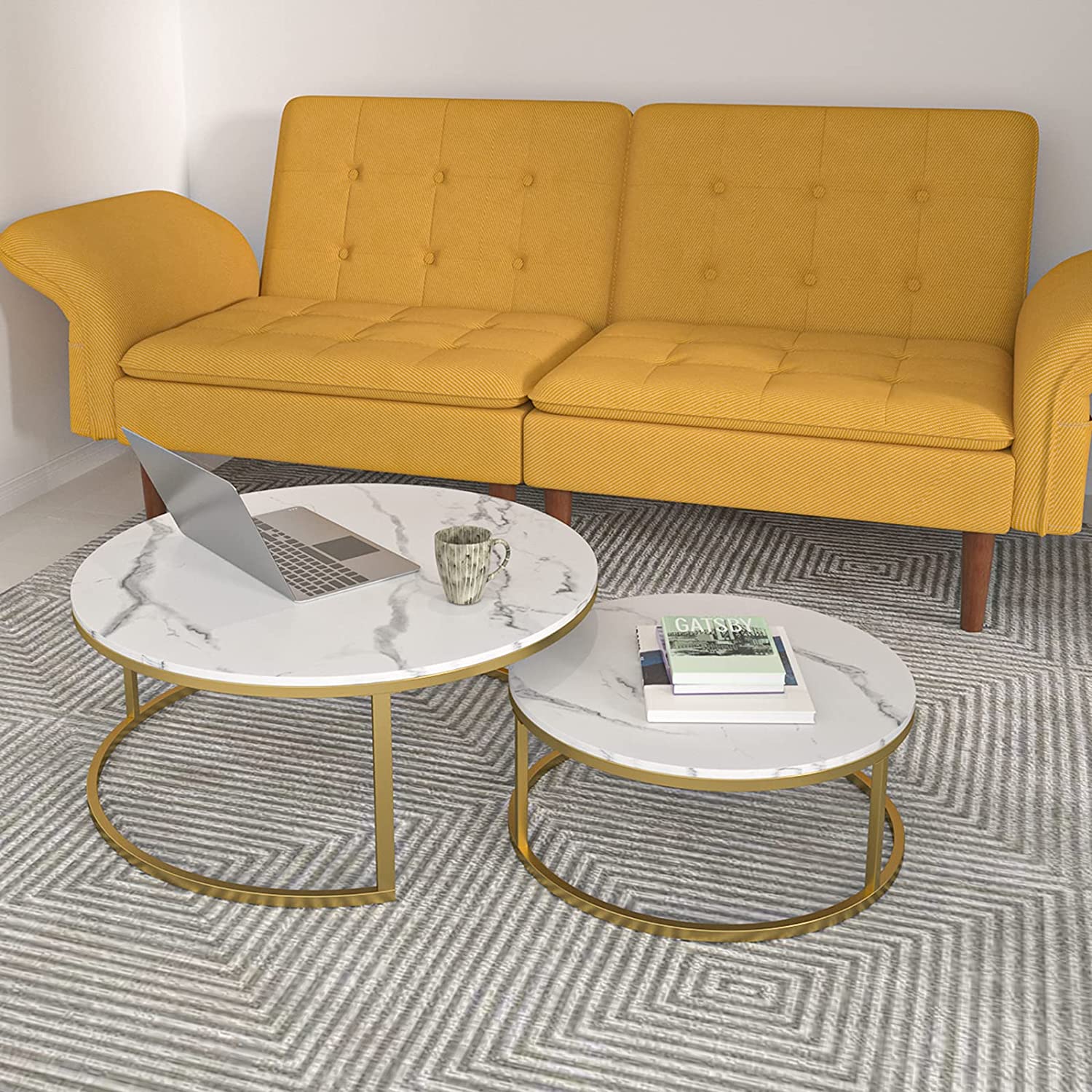 Modern Nesting Coffee Table Marble Look Sofa Side Nest of Tables Round End Tables